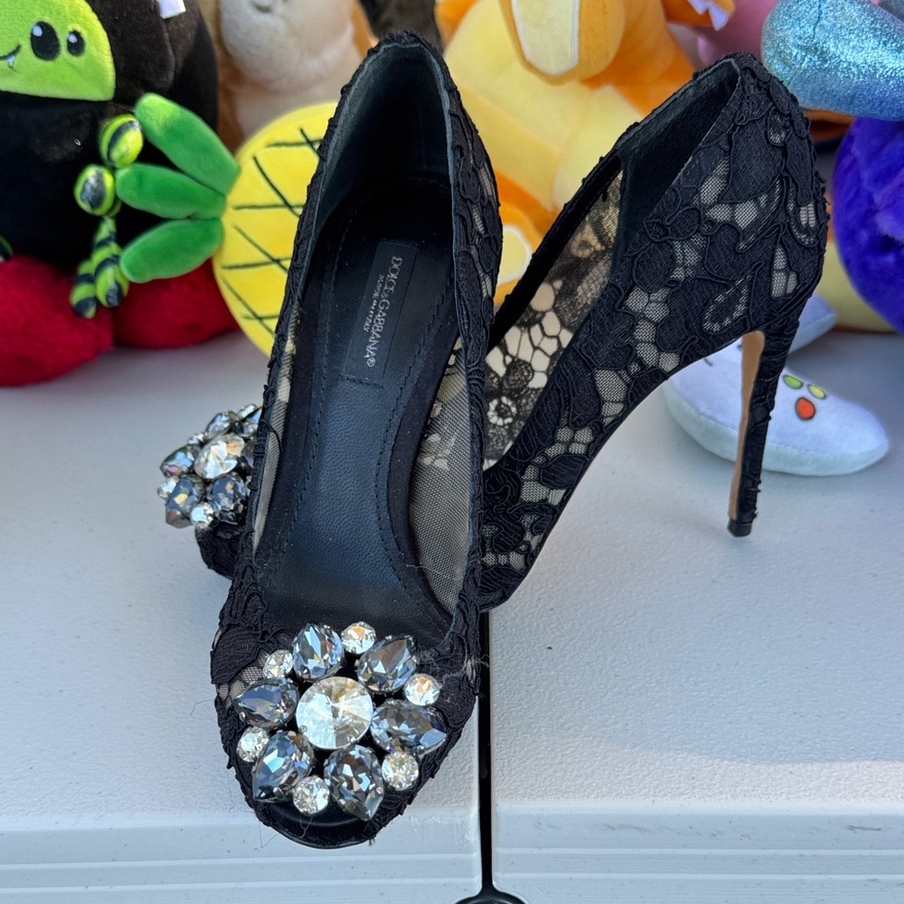Dolce & Gabbana Black Lace Heels with Crystal Accents